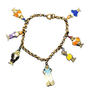 Vintage 30's Disney Snow White & 6 Dwarfs Charm Bracelet Enamel W D Walt Disney
